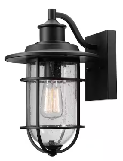 Globe Electric- Turner 13.58 in. 1-Light Vintage Black Outdoor Wall Light Lantern Sconce with Clear Seeded Glass