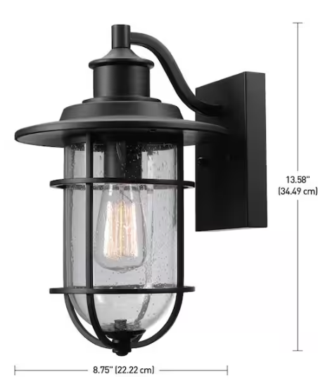 Globe Electric- Turner 13.58 in. 1-Light Vintage Black Outdoor Wall Light Lantern Sconce with Clear Seeded Glass