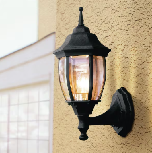 Hampton Bay- 14 in. 1-Light Black Hardwired Dusk-to-Dawn Outdoor Wall Light Lantern Sconce with No Bulb Included