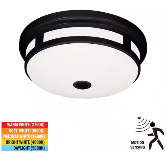 Hampton Bay- 11 in. Round Black Exterior Outdoor Motion Sensing LED Ceiling Light 5 Color Temperature Options Wet Rated 830 Lumens