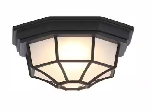 Hampton Bay- 10.5 in. 1 Light Black Weather Resistant Integrated LED Outdoor Ceiling Light Flush Mount with Frosted Glass Shade