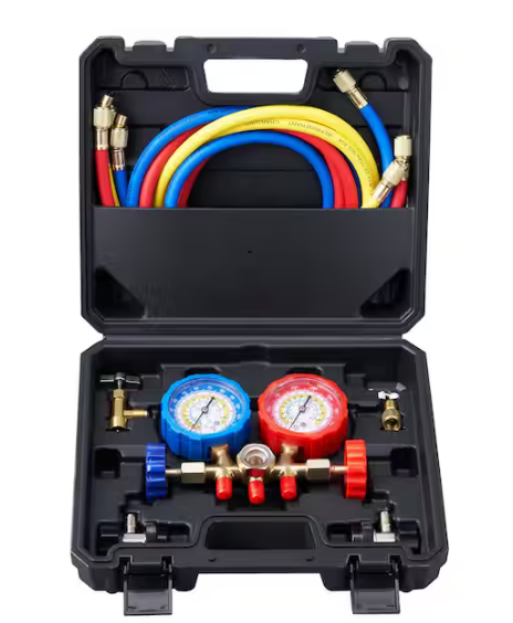 SKYSHALO 3-Way AC Manifold Gauge Set for R134A, R22, R12, R502, 5 ft. Hoses, Couplers, Can Tap for Car Freon Charging