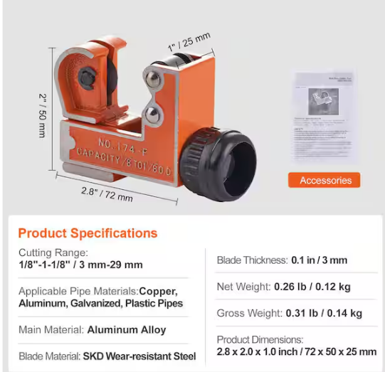 SKYSHALO Minimum Pipe O. D Size 0.125 in. to 1.125 in. O. D. Size Tubing Cutter, 1-1/8 in. O. D. Mini Copper Pipe Cutter
