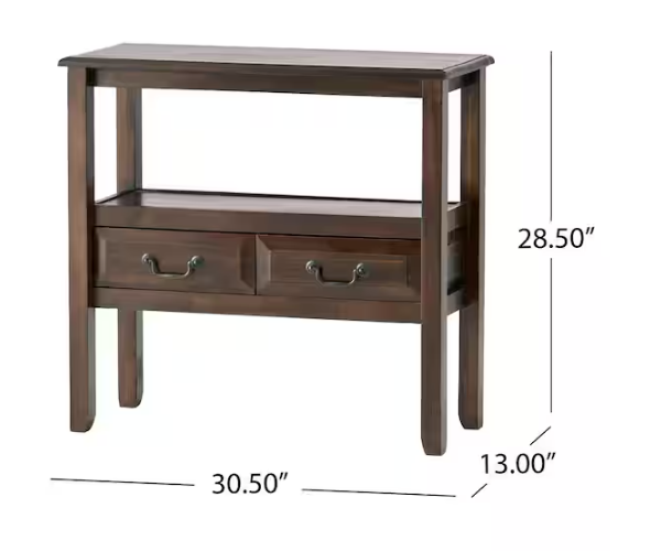 Noble House Ramsey Mahogany Brown Acacia Wood Console Table with Drawers and Shelf