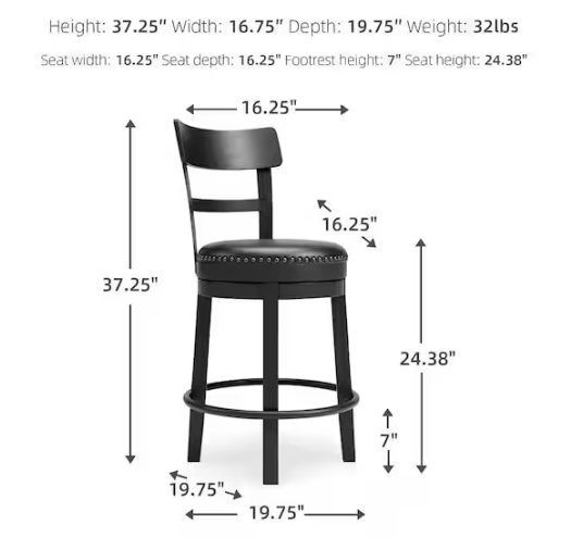 Signature DESIGN BY ASHLEY Valebeck 24 in. Black Low Back Wood Bar Stool Upholstered Stool with Faux Leather Seat