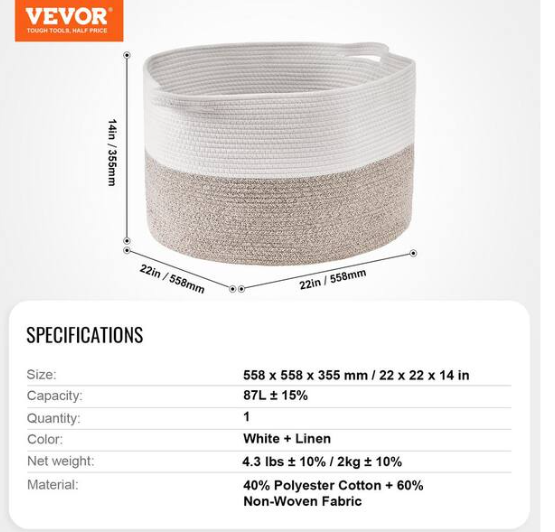 VEVOR Blanket Basket Brown 20 in. x 14 in. 87 L Cotton Rope Basket Woven Basket with Handles Decorative Baskets