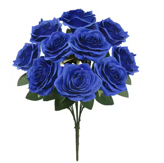 LIVING LUXURY 18 in. Royal Blue Artificial Queen Rose Flower Stem Bush Bouquet (Set of 2)
