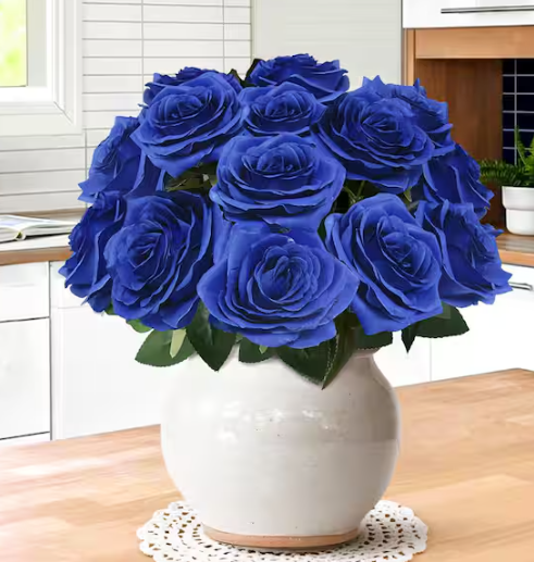LIVING LUXURY 18 in. Royal Blue Artificial Queen Rose Flower Stem Bush Bouquet (Set of 2)