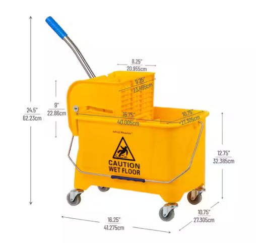 Mind Reader 5.5 Gal. Yellow Plastic Mop Bucket with Wringer Floor Cleaning, Handle, Wheels, 16.25 in. L x 10.75 in. W x 24.5 in. H