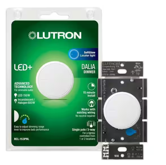 Lutron Dalia LED+ Illuminated Rotary Light Dimmer Switch, 150W LED Bulbs/Single-Pole or 3-Way, White (RCL-153PNLH-WH)