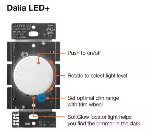 Lutron Dalia LED+ Illuminated Rotary Light Dimmer Switch, 150W LED Bulbs/Single-Pole or 3-Way, White (RCL-153PNLH-WH)
