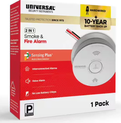Universal Security Instruments Hardwired and 10-Year Battery Backup Smoke Detector with Photoelectric Sensor and Voice Alert