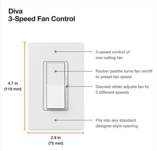Lutron Diva 3-Speed Rocker Fan Control, Single-Pole, 1.5 Amp, White (DVFSQ-F-WH)