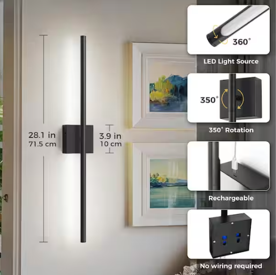 YANSUN 2-Light Black Dimmable Timing LED Wall Sconce with Remote Control, Wireless Installation, USB Charging (2-Pack)