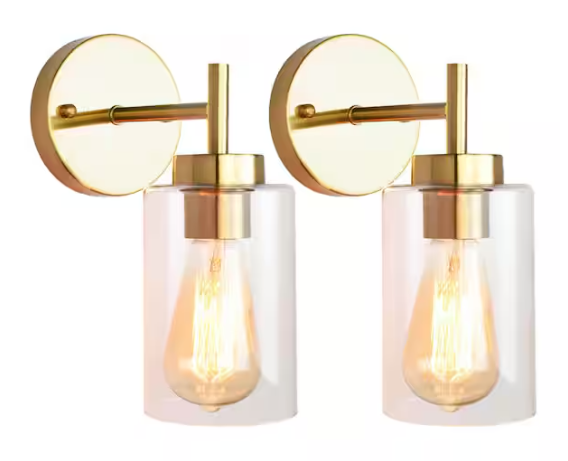 ADSENSTY 7.4 in. 1-Light Gold Modern Dimmable Wall Sconce Bathroom Vanity-Light with Clear Glass Shade (Set of 2)