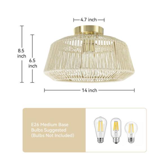 Prime Ray Ember 14 in. 1-Light Bohemian Rattan Semi-Flush Mount Ceiling Light with Brass Accents, Versatile and Warm Decor