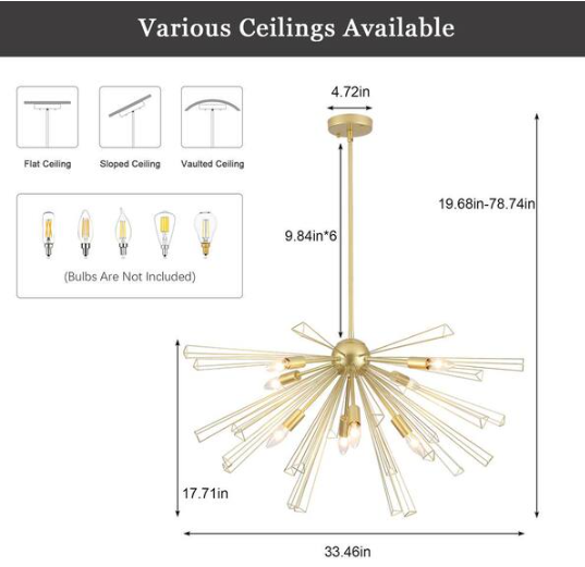 ADSENSTY 8-Light Dimmable Gold Sputnik Sphere Chandelier for Kitchen Island, Dining Room with No Bulbs Included