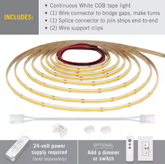 Armacost Lighting RibbonFlex Pro 24V White COB 16.4 ft. Dimmable Cuttable Integrated LED Strip Light Tape 3000K, 442 Lumens/Ft