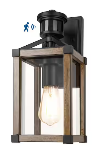 Manor 13.1 in. Brown Motion Sensing Dusk to Dawn Industrial Hardwired Outdoor Wall Light Lantern Scone with Clear Glass
