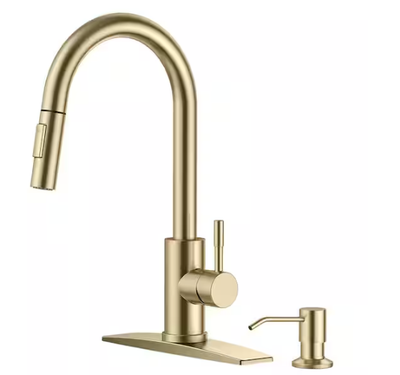 ANZA Single Handle Pull Down Sprayer Kitchen Faucet with Soap Dispenser and Deckplate in Matte Gold