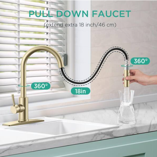 ANZA Single Handle Pull Down Sprayer Kitchen Faucet with Soap Dispenser and Deckplate in Matte Gold