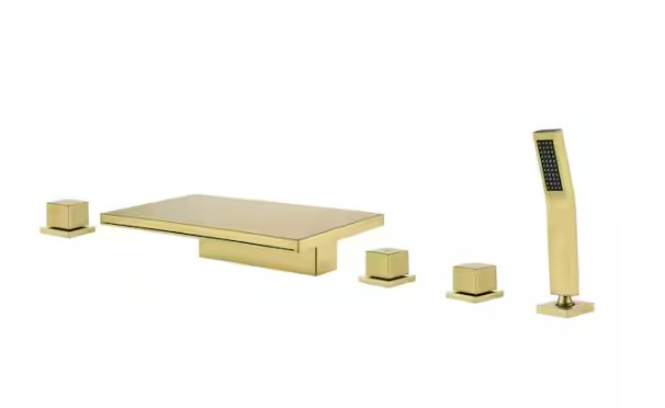 FLG 3-Handle Deck Mount Roman Tub Faucet with Handheld Shower Brass Waterfall Bath Tub Filler with Sprayer in. Brushed Gold