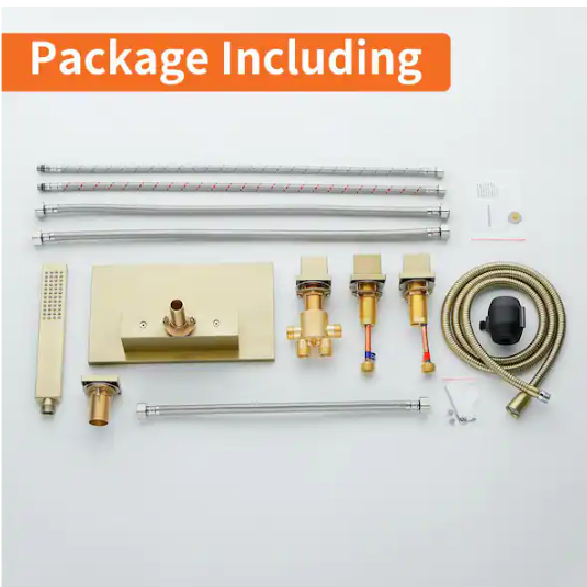 FLG 3-Handle Deck Mount Roman Tub Faucet with Handheld Shower Brass Waterfall Bath Tub Filler with Sprayer in. Brushed Gold