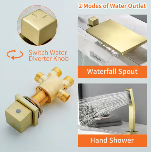 FLG 3-Handle Deck Mount Roman Tub Faucet with Handheld Shower Brass Waterfall Bath Tub Filler with Sprayer in. Brushed Gold