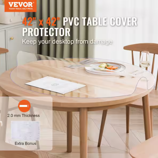 VEVOR Plastic Table Cover, 42 x 42 in. 2.0 mm Thick Clear Table Protector, Round, PVC Desk Mat Waterproof & Easy Cleaning Desk