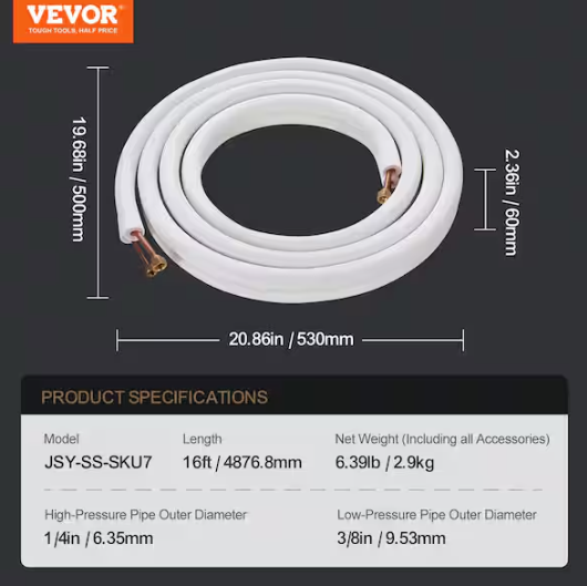 VEVOR 16 ft. Mini Split Line Set 1/4 in. and 3/8 in. O.D Copper Pipes Tubing and Triple-Layer Insulation for Air Conditioning