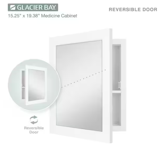 Glacier Bay 15-1/4 in. W x 19-3/8 in. H Rectangular Framed Recessed or Surface-Mount Bathroom Medicine Cabinet with Mirror, White