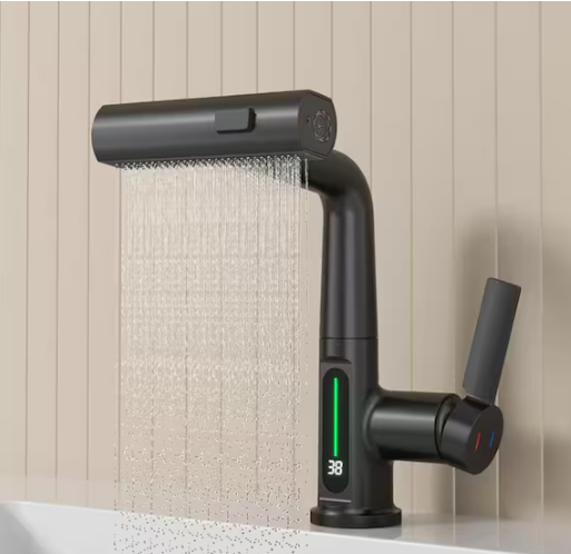 LORDEAR 3 Mode Waterfall Single Handle Pull Out Sprayer Kitchen Faucet with Adjustable Height in Matte Black, Deckplate Included