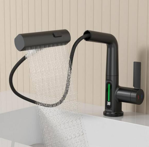 LORDEAR 3 Mode Waterfall Single Handle Pull Out Sprayer Kitchen Faucet with Adjustable Height in Matte Black, Deckplate Included