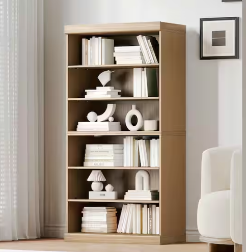 Dovelina 62 in. Tall Natural Wood 6-shelf Standard Bookcase with Adjustable Shelves