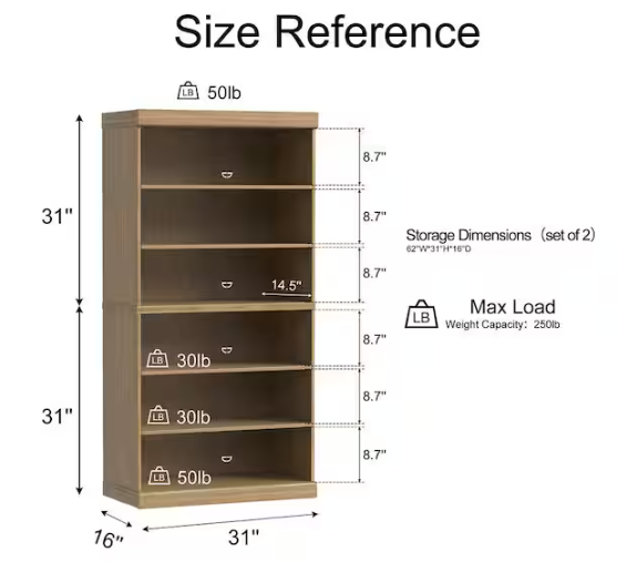 Dovelina 62 in. Tall Natural Wood 6-shelf Standard Bookcase with Adjustable Shelves