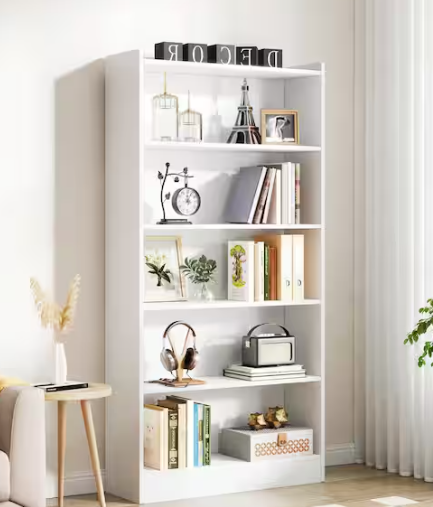 BYBLIGHT Eulas 72 in. Tall White Wood 5-Shelf Standard Bookcase and Bookshelves, Floor Standing Library Bookcase for Home Office