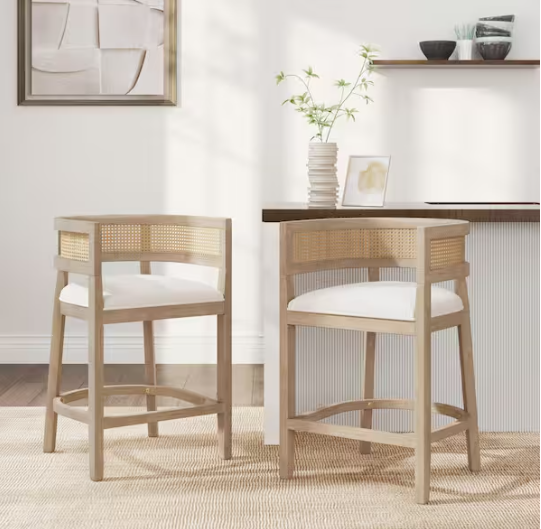 CHRISTOPHER KNIGHT HOME Darius Modern 25.5 in. Natural Ash Solid Wood and Rattan Frame and Beige Fabric Upholstered Arm Barstool, (Set of 2)