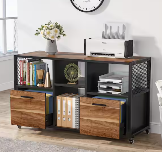 Atencio Brown 2 Drawer Wood File Cabinets, Rustic Mobile Lateral Filing Cabinet for Letter/A4 Size, Printer Stand