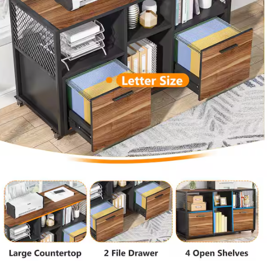 Atencio Brown 2 Drawer Wood File Cabinets, Rustic Mobile Lateral Filing Cabinet for Letter/A4 Size, Printer Stand