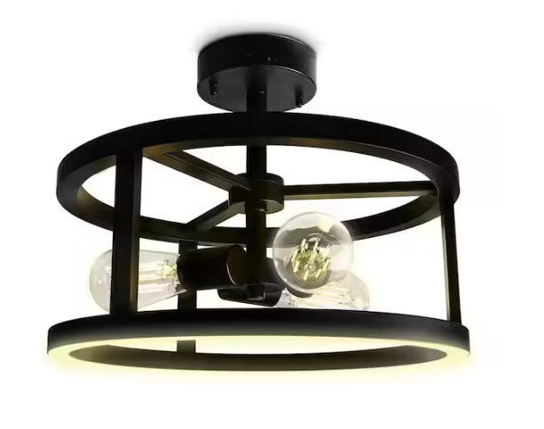 Feit Electric Katalyst 15 in. 3-Light Matte Black Color Choice Selectable CCT LED with Night Light Semi-Flush Mount Ceiling Light