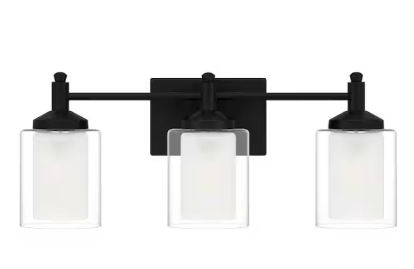 DSI LIGHTING Jaylin 22 in. 3-Light Matte Black Vanity Light with Clear and Frosted Glass Shades