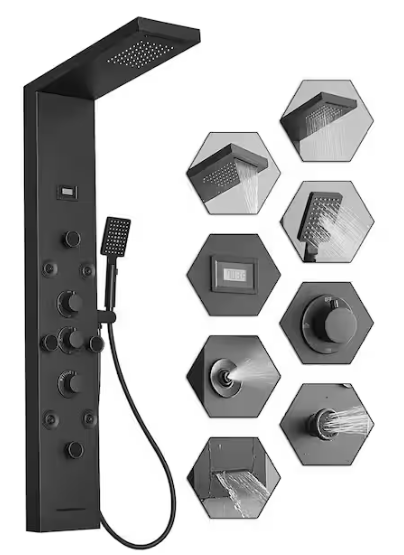 HOMEMYSTIQUE- Dual 6-in-One 8-Jet Shower Panel Tower System with Rainfall and Waterfall Head in Matte Black, Massage Body Jets
