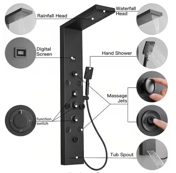 HOMEMYSTIQUE- Dual 6-in-One 8-Jet Shower Panel Tower System with Rainfall and Waterfall Head in Matte Black, Massage Body Jets