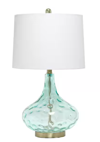 Elegant Designs 24 in. Blue Modern Refined Bubbly Colored Glass Table Lamp with White Linen Tapered Drum Shade