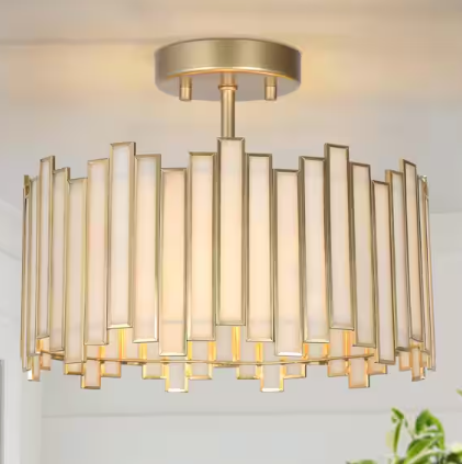 LNC Modern 12.5 in. 3-Light Gold Drum Semi-Flush Mount with White Stained Glass Shade, LED Compatible