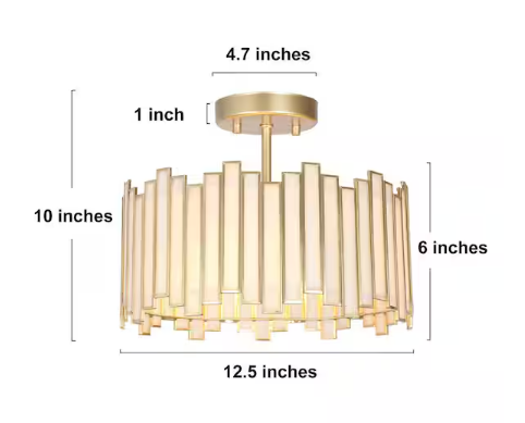 LNC Modern 12.5 in. 3-Light Gold Drum Semi-Flush Mount with White Stained Glass Shade, LED Compatible