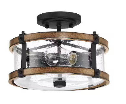 1-Light Vintage Black Brown Farmhouse Rustic Chandelier with Clear Seeded Glass Shade