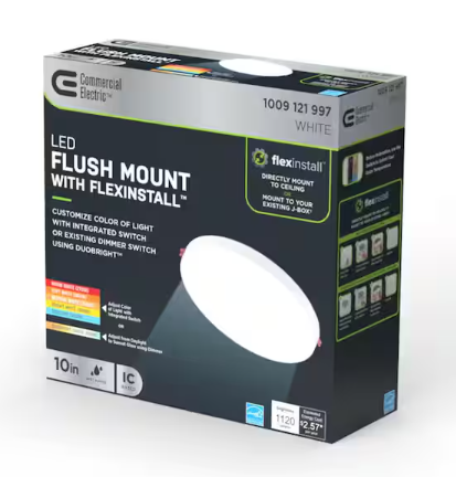 Commercial Electric Flexinstall Disk 10 in. White Indoor Integrated LED Recessed Ceiling Light with 5CCT Plus DuoBright