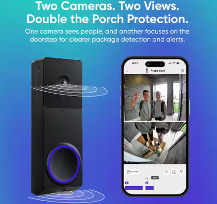 Wyze Wireless Duo Cam Video Doorbell, Battery Powered, 2K Full HD Video, 2 Cameras (People and Package), Color Night Vision