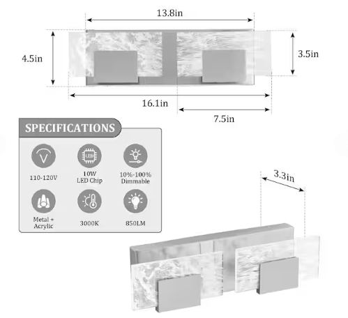 KAISITE 16 in. 2-Light Bathroom Modern Light Fixture Brushed Nickel LED Vanity Light Bar 10W Wall Sconce with 3000K Warm Light